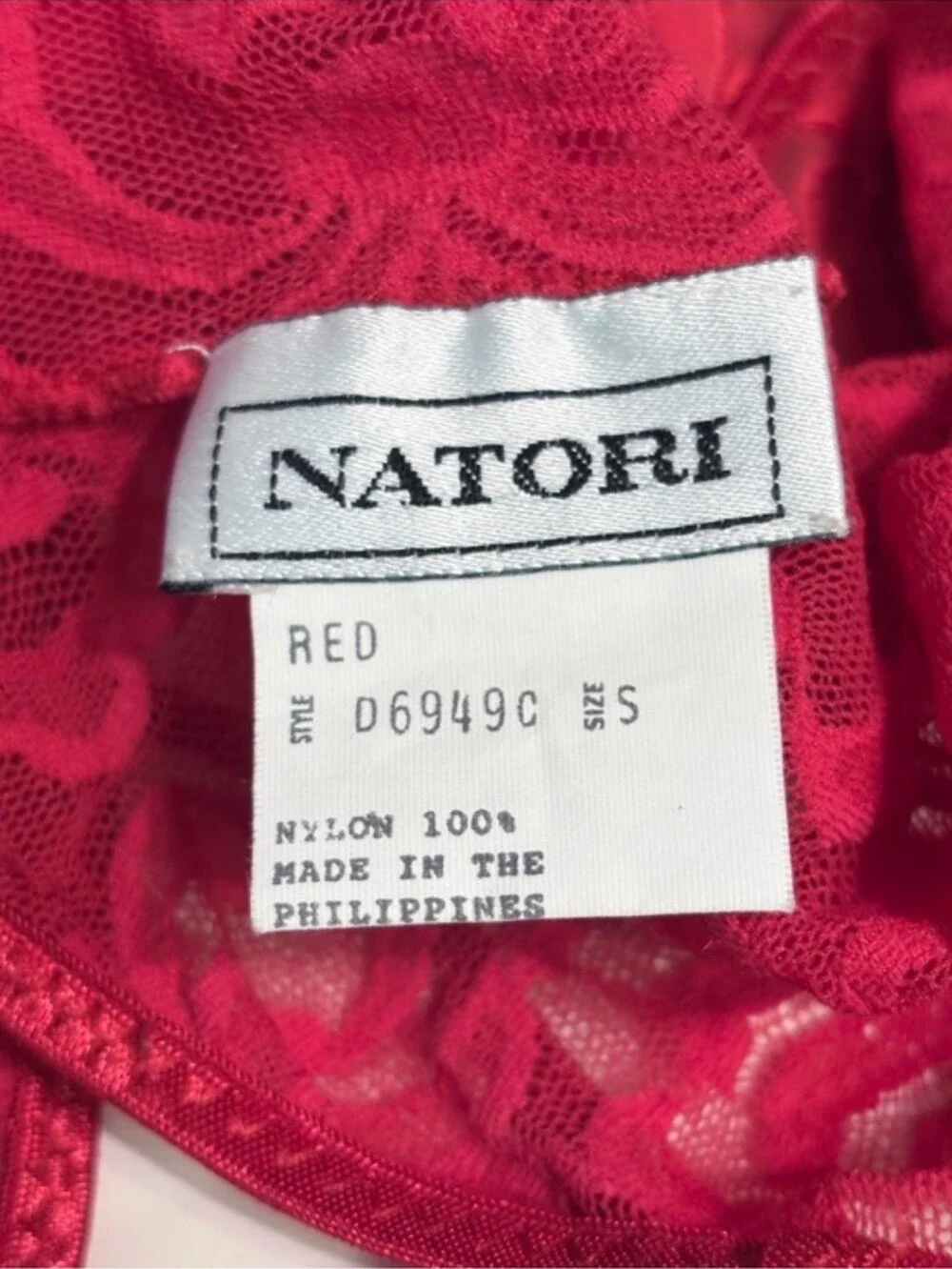 NATORI Red Stretch Lace Bodysuit Sheer Mesh & Satin Design Size Small VINTAGE